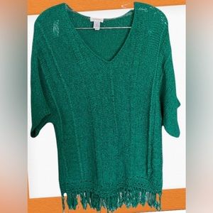 🍀Chico's Emerald Green Fringed Short Sleeve V-Neck Sweater Size 2, Large, 12/14